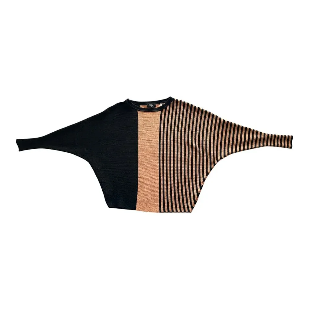 Black Camel Stripe Color Block Batwing Sweater Dolman Sz M | Quiet Luxury Minima - Picture 2 of 15